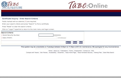 TABC online certification inquiry search page
