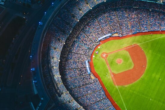 Aerial view of a crowded baseball stadium.