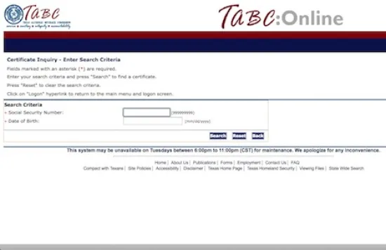 TABC online certification inquiry search page