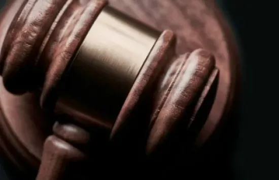 Close-up of a wooden judge’s gavel resting on a sound block