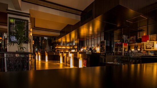 darkly lit, empty bar