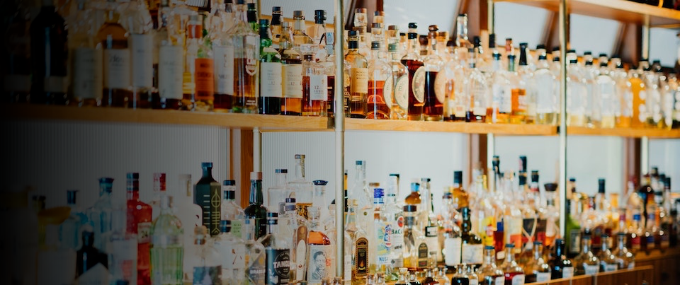 bright, stocked bar shelves